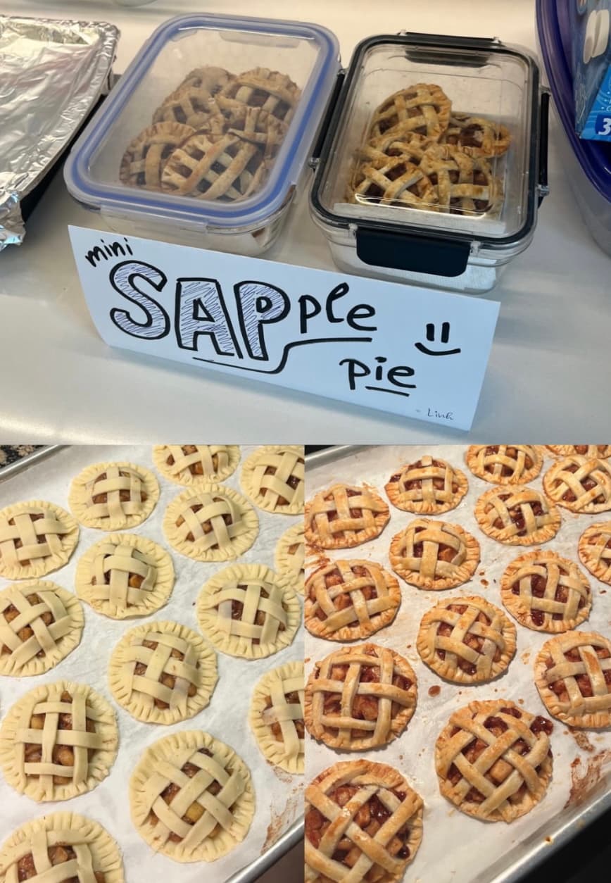 Mini apple pies labeled 'SAPple Pie', baked by Linh for her EY/SAP team